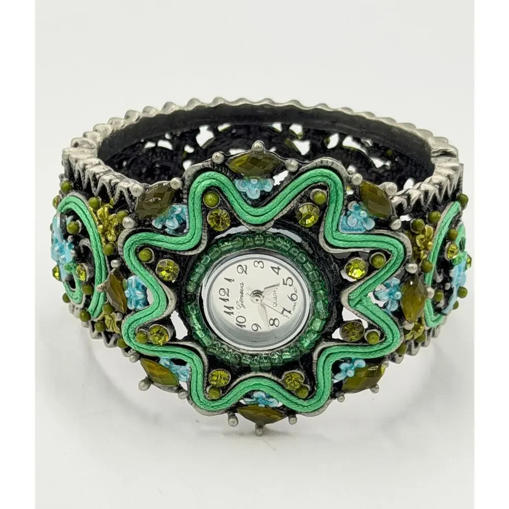 Geneva Couture Ribbon Soutache & Crystal Ornate Quartz Cuff Watch NEW BATTERY